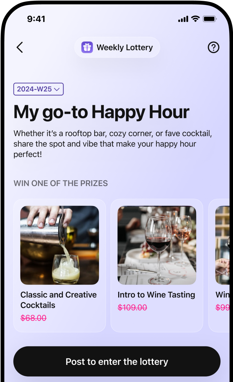 Curated list of rewards including free experiences such as spa, cooking classes, wine tasting, and more for users who post on the S’more app. 