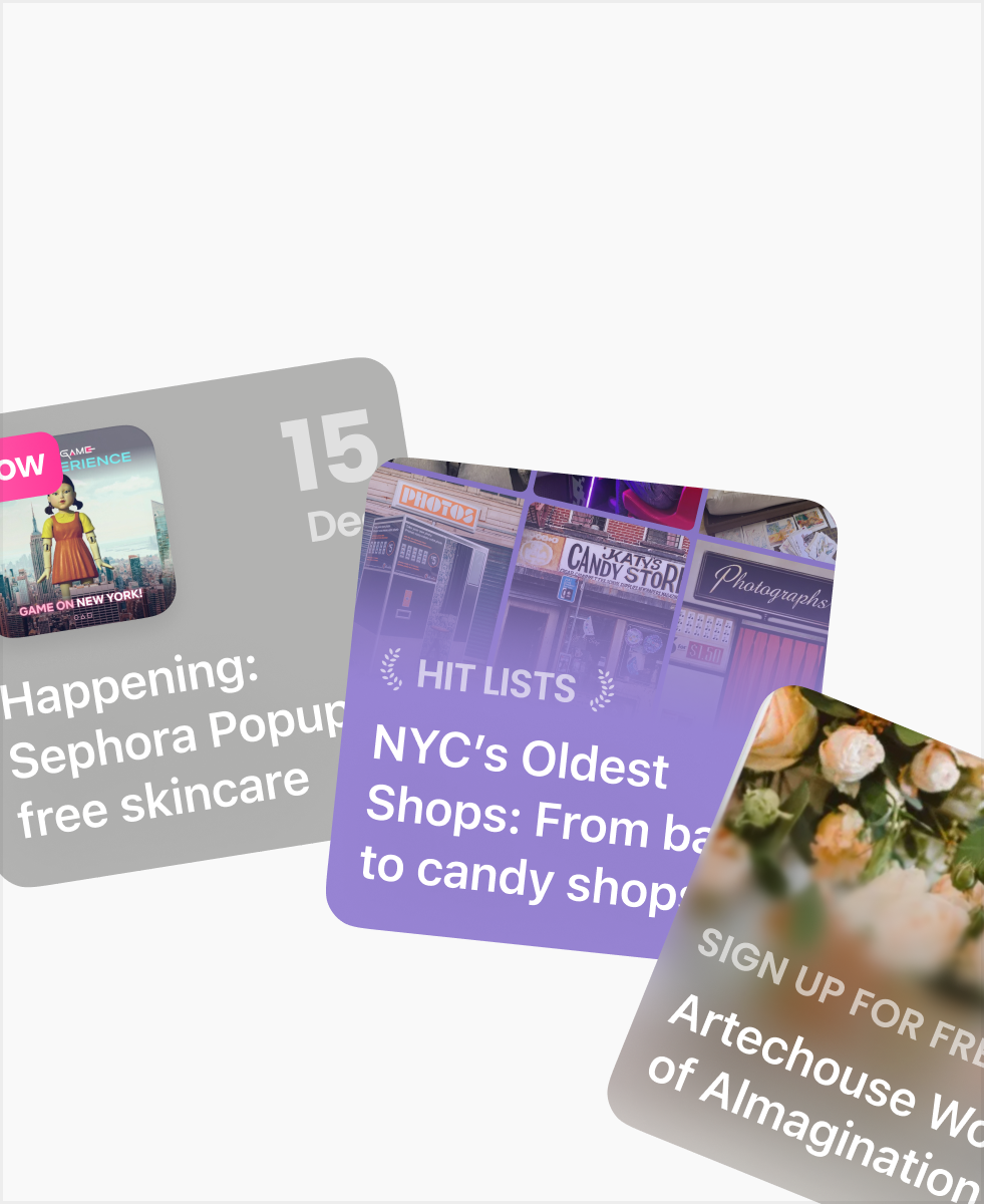 Curated lists of popular New York City activities and live events happening today on the S'more app, featuring pop-ups around the city, lists such as cafes to work from home at, and free events users can sign up for. 