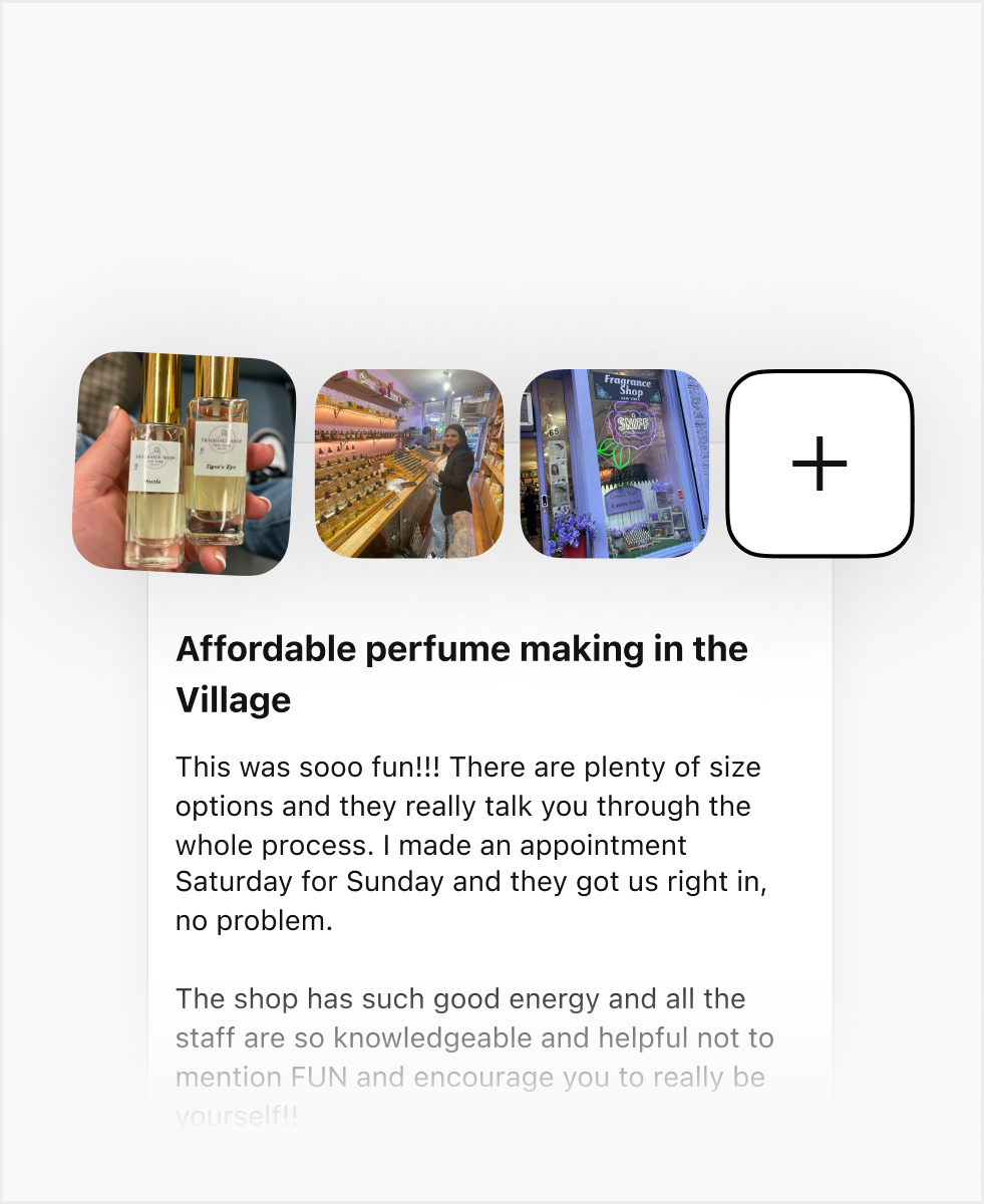 A social media post about a West Village perfume-making experience, with images and firsthand details from a real person sharing their honest review of the activity on the S’more app.