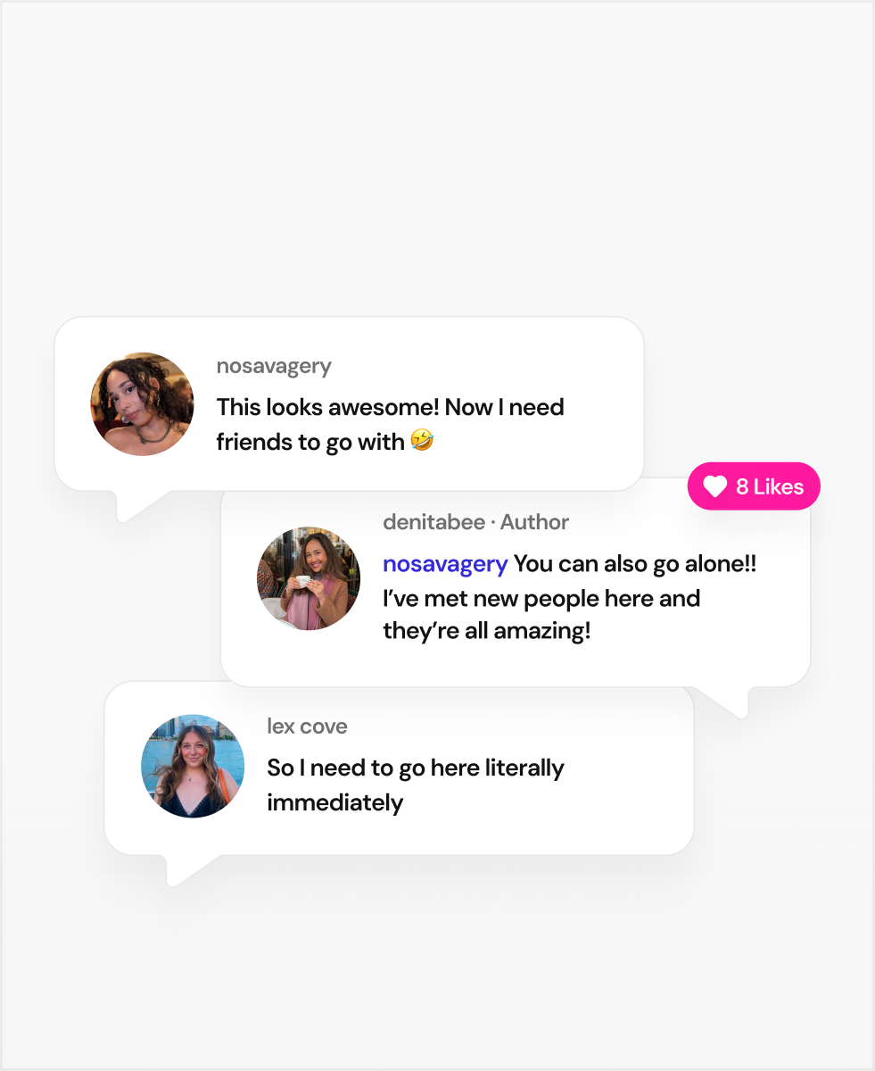 Users exchanging friendly interaction with other real people locally, providing feedback on events in NYC and connecting and meeting new people on the S’more app.