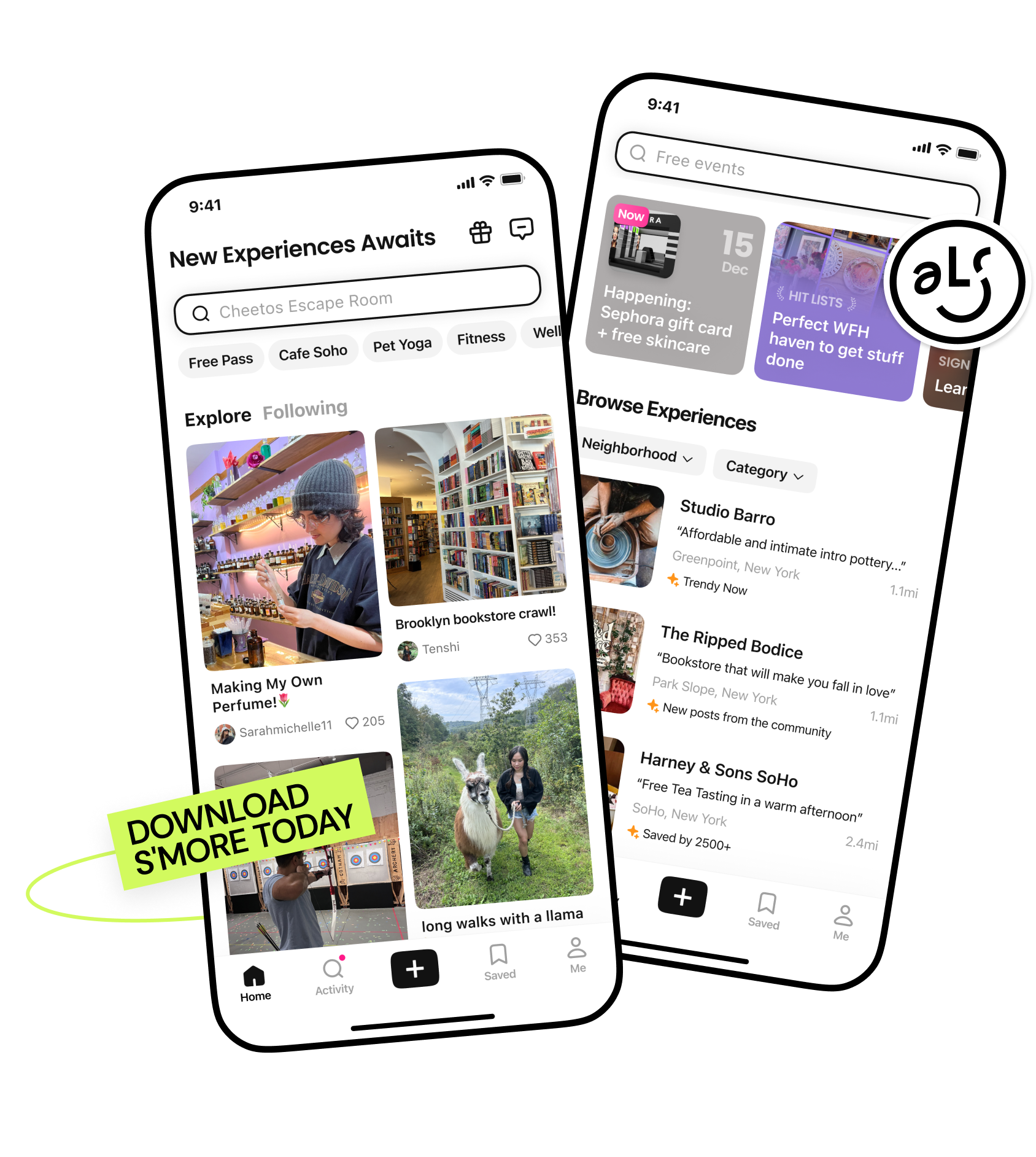 A curated list of popular New York City activities and experiences on the S'more app, paired with a social feed showcasing user reviews and personalized recommendations for exploring NYC.