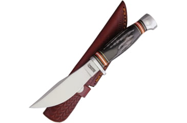 Image of Marbles Horn Knife, 9in Overall, 4.5in Satin SS Blade, Jigged Horn Handle, Brown Leather Sheath, MR461 / EG-742