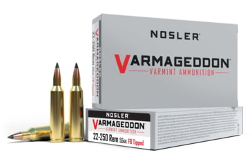 Image of Nosler Varmageddon .22-250 Remington 55 Grain Flat Base Tipped Brass Cased Centerfire Rifle Ammo, 20 Rounds, 65155