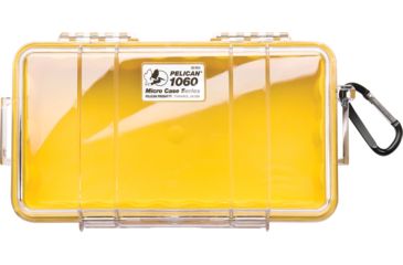 Image of Pelican 1060 Micro Water/Crushproof Dry Box, 9.37x5.56x2.62in - Clear, Yellow Liner w/Carabiner