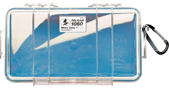 Image of Pelican 1060 Micro Water/Crushproof Dry Box, 9.37x5.56x2.62in - Blue w/ Clear Carabiner