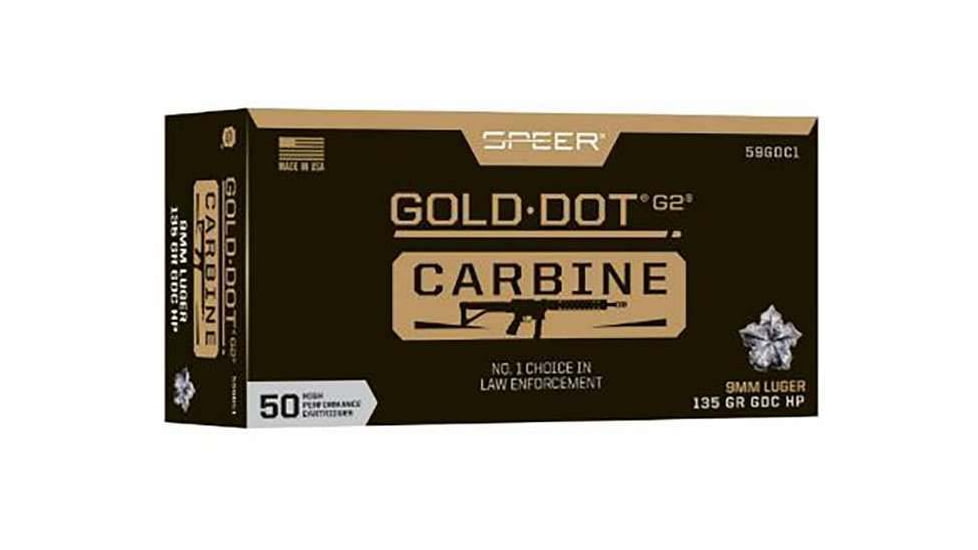 Speer Gold Dot G2 9mm 135 Grain Gold Dot Hollow Point Brass Cased Pistol Ammo, 50 Rounds, 59GDC1