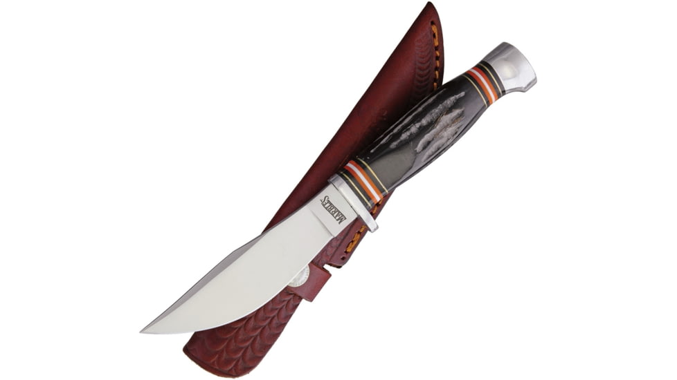 Marbles Horn Knife, 9in Overall, 4.5in Satin SS Blade, Jigged Horn Handle, Brown Leather Sheath, MR461 / EG-742