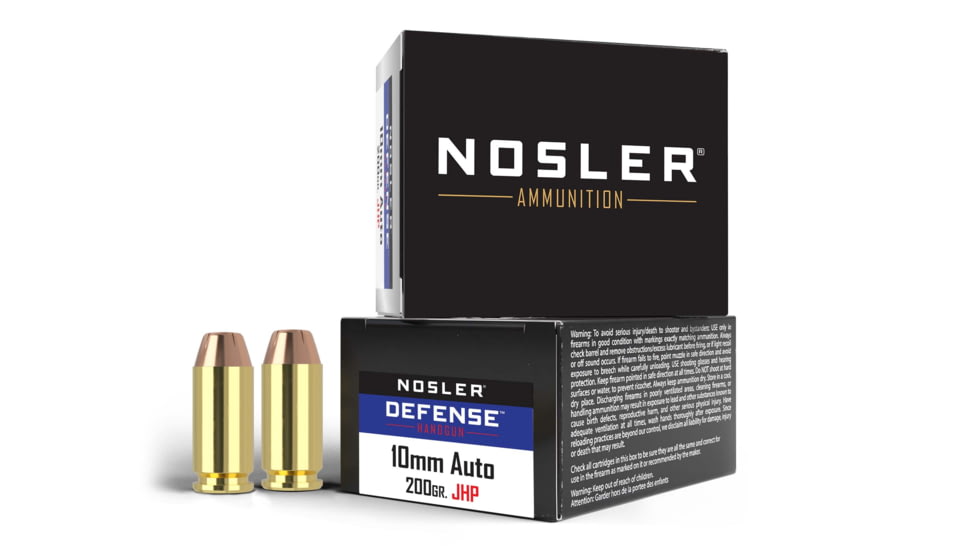 Nosler Defense, 10mm, 200 Grain, BJHP, Brass Cased, Centerfire Pistol Ammunition, 20 Rounds, 39156