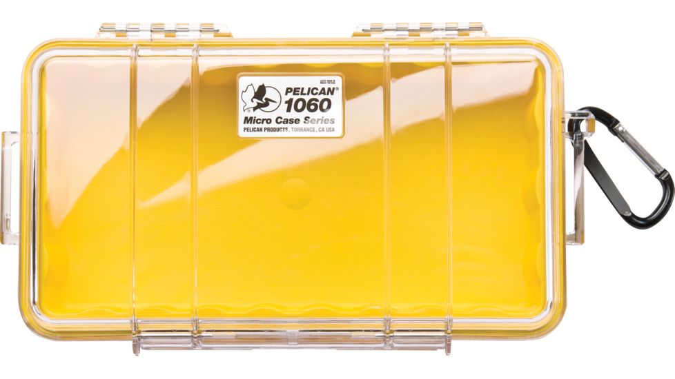 Pelican 1060 Micro Water/Crushproof Dry Box, 9.37x5.56x2.62in - Clear, Yellow Liner w/Carabiner