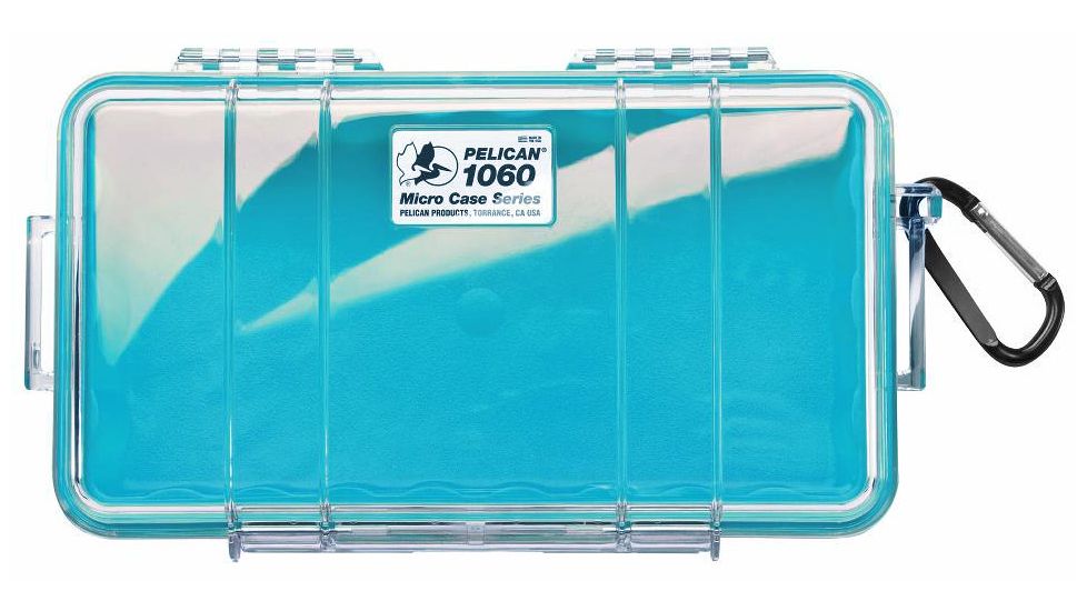 Pelican 1060 Micro Water/Crushproof Dry Box, 9.37x5.56x2.62in - Clear, Aqua Liner w/Carabiner