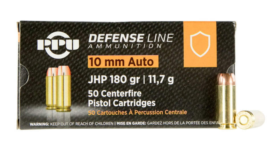 PPU Defense 10mm Auto 180 Grain Jacketed Hollow Point Brass Cased Pistol Ammo, 50 Rounds, PPD10