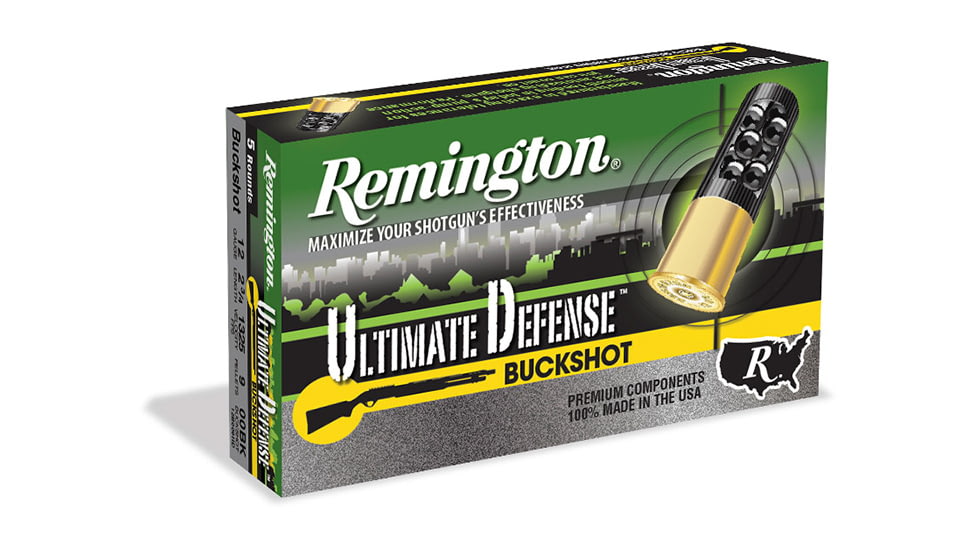 Remington Ultimate Defense Shotshell 12 Gauge 41 Pellet 3in #4 Buck Centerfire Shotgun Buckshot Ammo, 5 Rounds, 20639