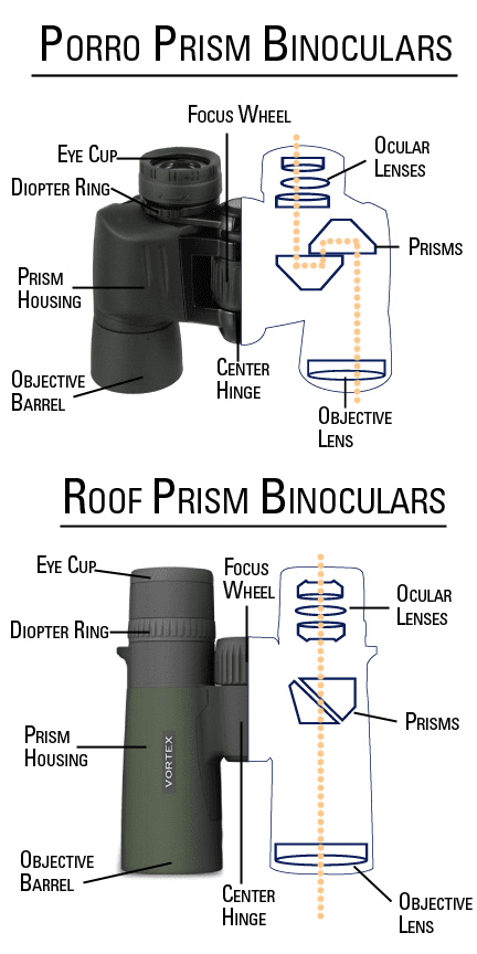 Porro vs. Roof Prism Binoculars Diagram