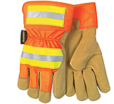 Image of MCR Safety Luminator Grain Pigskin Leather Palm Work Gloves, Hi-Vis Back and 2.5in Safety Cuff, Fleece Lined Palm