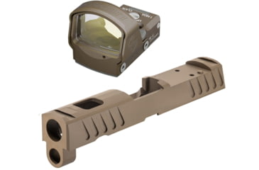 Image of Leupold DeltaPoint Pro 6 MOA Dot Red Dot Sight, Flat Dark Earth and TRYBE Defense Sig Sauer P320 Pistol Slide, DeltaPoint Pro Cut, FDE