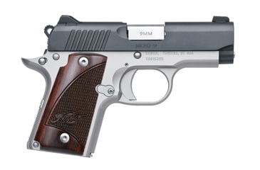 Image of Kimber Micro-9 Pistol, 9mm Luger, 3.15 in barrel, aluminum frame, checkered rosewood w/logo grip, recoil operated semi-automatic, single-action, frame mounted thumb safety, fixed white 3-dot, 6 round magazine, KMBR-MICRO-9-FRRMPG