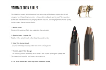 Image of Nosler Varmageddon .22-250 Remington 55 Grain Flat Base Tipped Brass Cased Centerfire Rifle Ammo, 20 Rounds, 65155