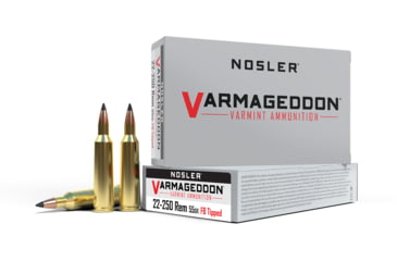 Image of Nosler Varmageddon .22-250 Remington 55 Grain Flat Base Tipped Brass Cased Centerfire Rifle Ammo, 200 Round