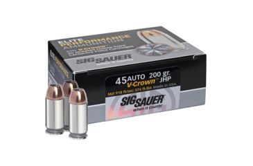 Image of SIG SAUER V-Crown .45 ACP 230 Grain Jacketed Hollow Point Brass Cased Centerfire Pistol Ammo, 20 Rounds, E45AP2-20