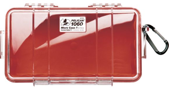 Image of Pelican 1060 Micro Water/Crushproof Dry Box, 9.37x5.56x2.62in - Clear, Red Liner w/Carabiner