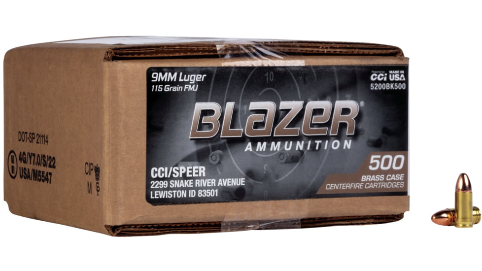 Speer Blazer 9mm Full Metal Jacket Brass Cased Pistol Ammo, 500 Rounds, 5200BK500