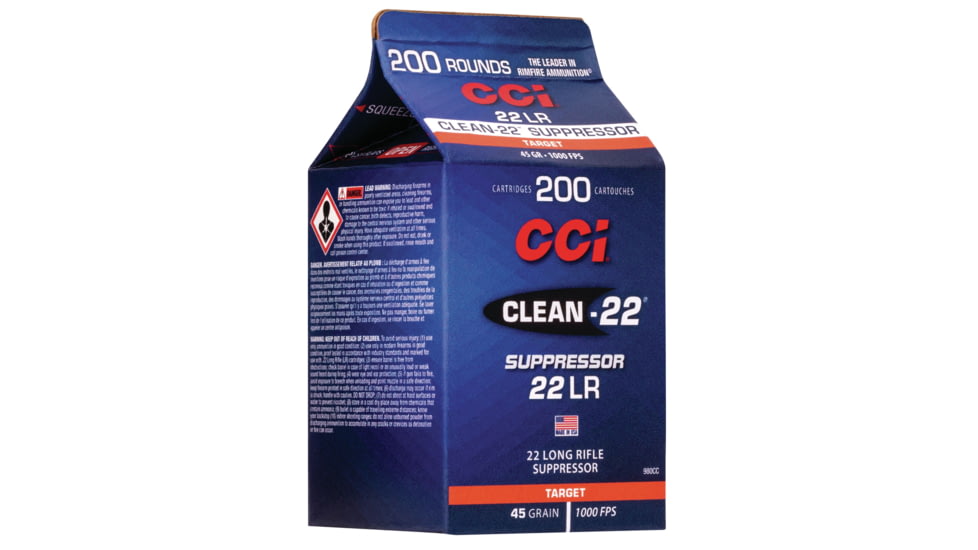 CCI Ammunition Clean-22 Suppressor .22 Long Rifle 45 grain Lead Round Nose Rimfire Ammo, 200 Rounds, 980CC