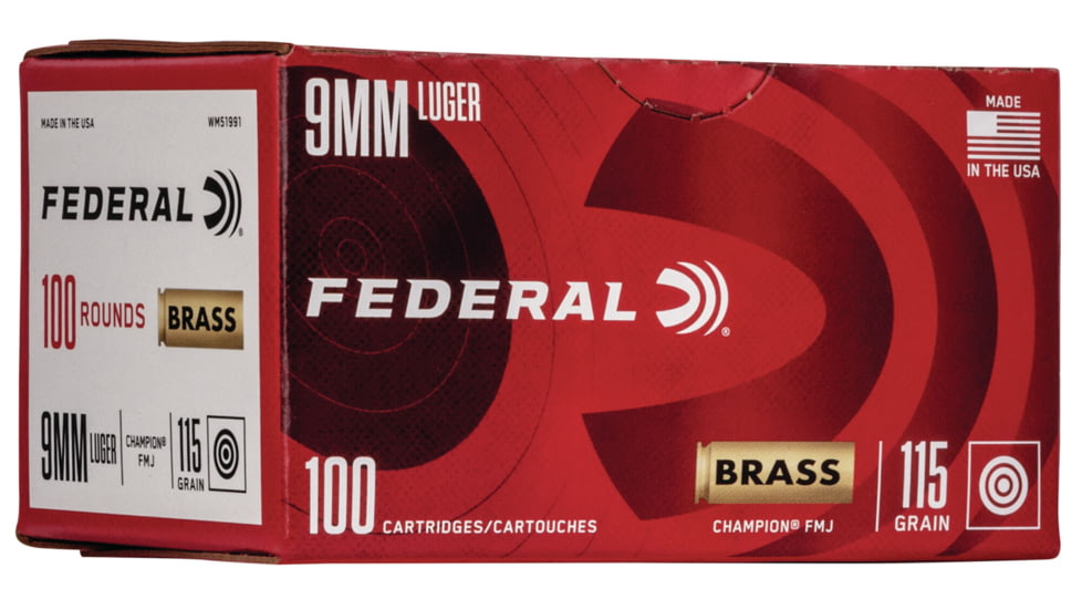 Federal Premium Champion Training Pistol Ammo, 9 mm Luger, Full Metal Jacket, 115 grain, 100 Rounds, WM51991