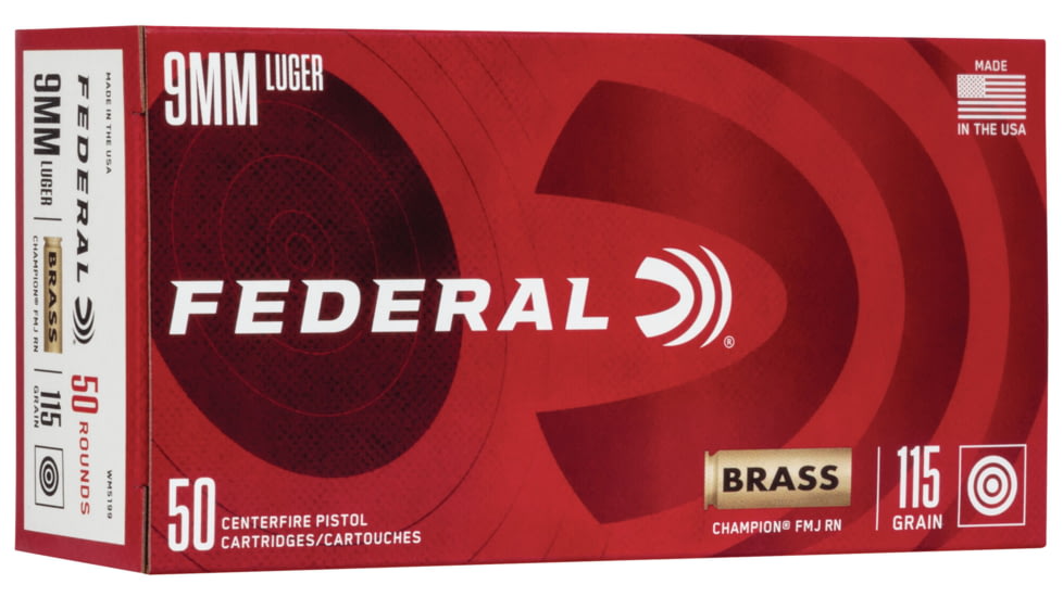 Federal Premium Champion Training Pistol Ammo, 9 mm Luger, Full Metal Jacket, 115 grain, 50 Rounds, WM5199