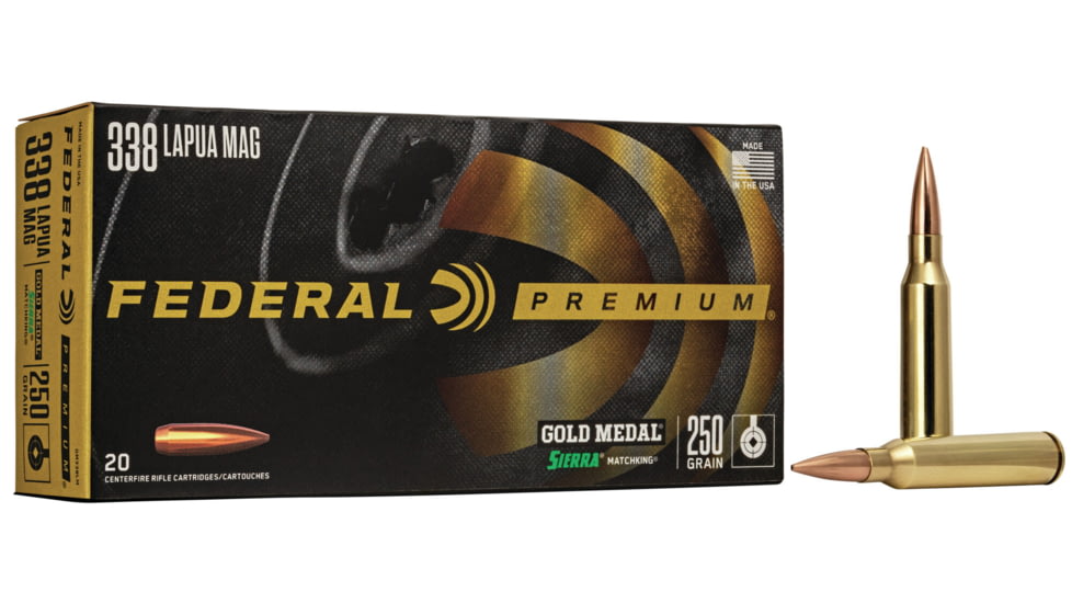 Federal Premium Gold Medal Rifle Ammo, .338 Lapua Magnum, Sierra MatchKing Boat Tail Hollow Point, 250 grain, 20 Rounds, GM338LM