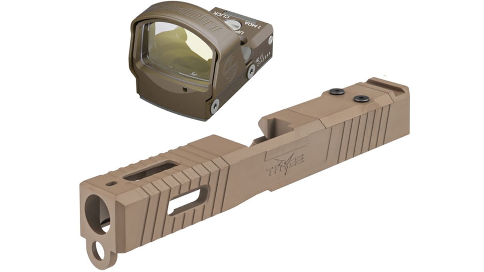 Leupold DeltaPoint Pro 6 MOA Dot Red Dot Sight, Flat Dark Earth and TRYBE Defense Pistol Slide, Glock 19, Gen 3, DeltaPoint Pro Cut, Version 1, FDE Cerakote