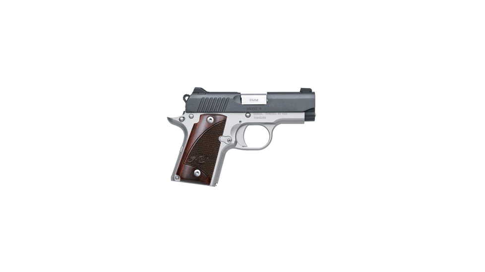 Kimber Micro-9 Pistol, 9mm Luger, 3.15 in barrel, aluminum frame, checkered rosewood w/logo grip, recoil operated semi-automatic, single-action, frame mounted thumb safety, fixed white 3-dot, 6 round magazine, KMBR-MICRO-9-FRRMPG