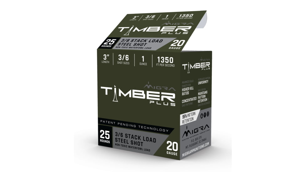 Migra Timber Plus 20 Gauge 1 oz 3 in 1400 ft/s #3 Steel/ #6 Bismuth Staxd Load Centerfire Shotgun Shot Ammo, 25 Rounds, M-20SB4-6