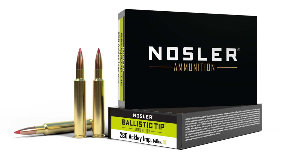 Nosler .280 Remington Ackley Improved 140 Grain Ballistic Tip Brass Cased Centerfire Rifle Ammo, 20 Rounds, 43504