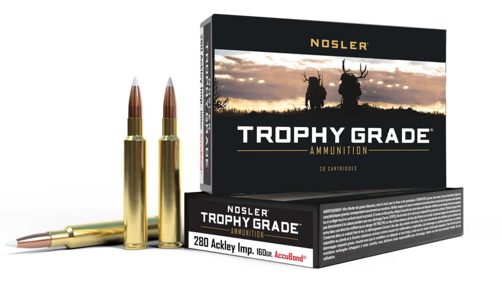 Nosler Trophy Grade .280 Remington Ackley Improved 160 Grain AccuBond Brass Cased Centerfire Rifle Ammo, 20 Rounds, 60076