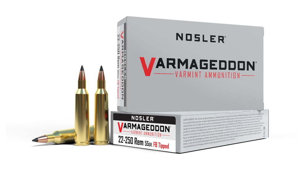 Nosler Varmageddon .22-250 Remington 55 Grain Flat Base Tipped Brass Cased Centerfire Rifle Ammo, 200 Round