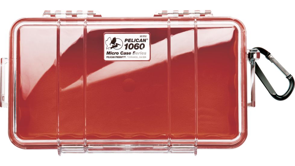 Pelican 1060 Micro Water/Crushproof Dry Box, 9.37x5.56x2.62in - Clear, Red Liner w/Carabiner