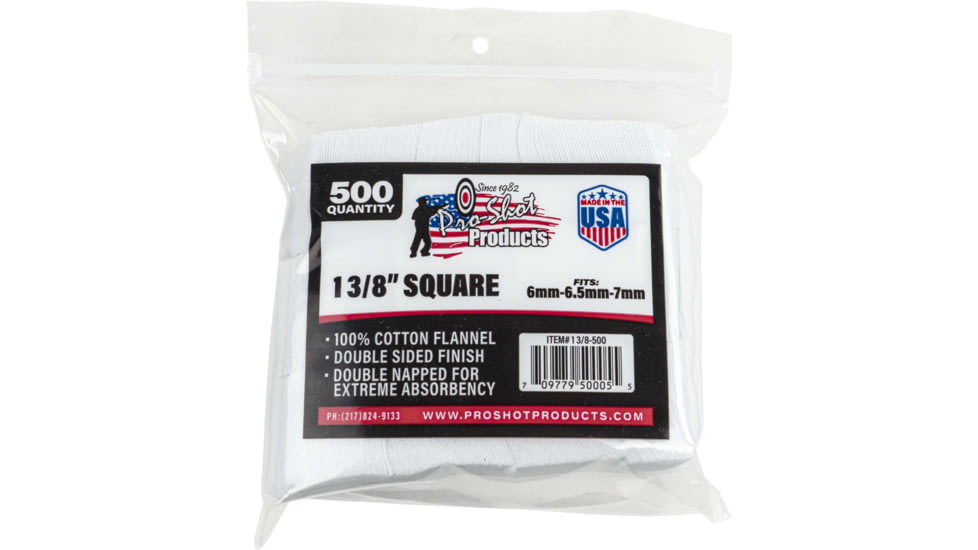 Pro-Shot Cotton Flannel Patches 6-7 mm 13/8 in Square Patch Gun Cleaning Kit, White, 500 Ct 13/8-500