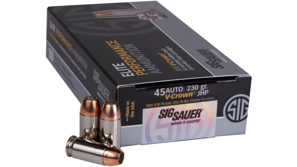 SIG SAUER V-Crown .45 ACP 230 Grain Jacketed Hollow Point Brass Cased Centerfire Pistol Ammo, 50 Rounds, E45AP2-50