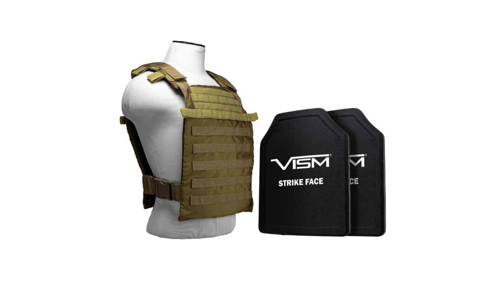 Vism Larger Fast Plate Carrier w/2 11x14in Level III and PE Shooters Cut Hard Ballistic Plates, Tan BPLCVPCFL2995T-A