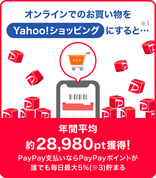 オンラインでのお買い物をYahoo!ショッピングにすると…(※1)年間平均約28,980pt獲得！ PayPay支払いならPayPayポイントが誰でも毎日最大5％(※3)貯まる