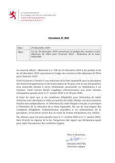 circulaire n°825 - procédure requérents - réduction de la base imposable pour la perception des droits d'enregistrement et de transcription