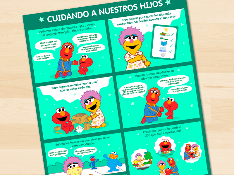 Elmo, Mae, y Louie cuidando un al otro