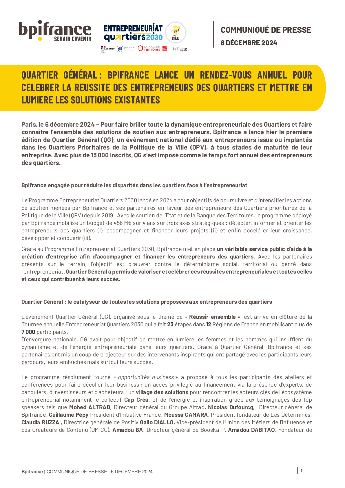 2024 12 06 – CP QUARTIER GÉNÉRAL – BPIFRANCE LANCE UN RENDEZ-VOUS ANNUEL POUR CELEBRER LA REUSSITE DES ENTREPRENEURS DES QUARTIERS ET METTRE EN LUMIERE LES SOLUTIONS EXISTANTES