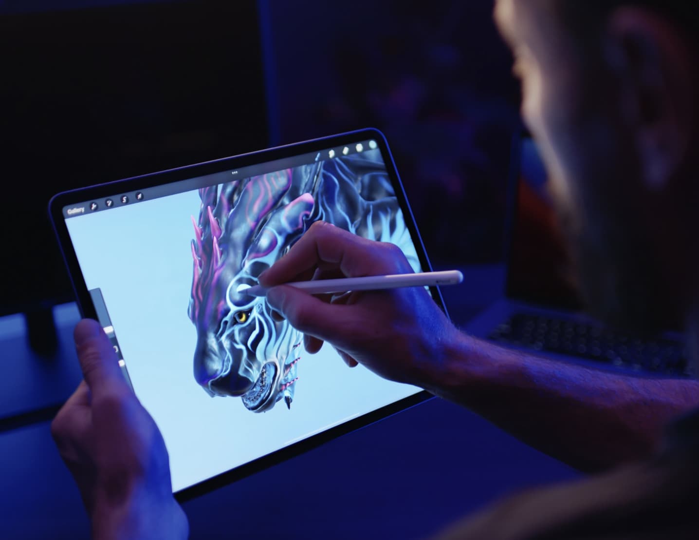 Artist testing Procreate's 3D painting features.