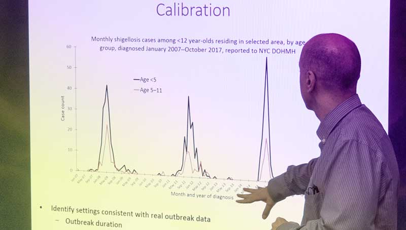 Faculty pointing to a chart in front of a class