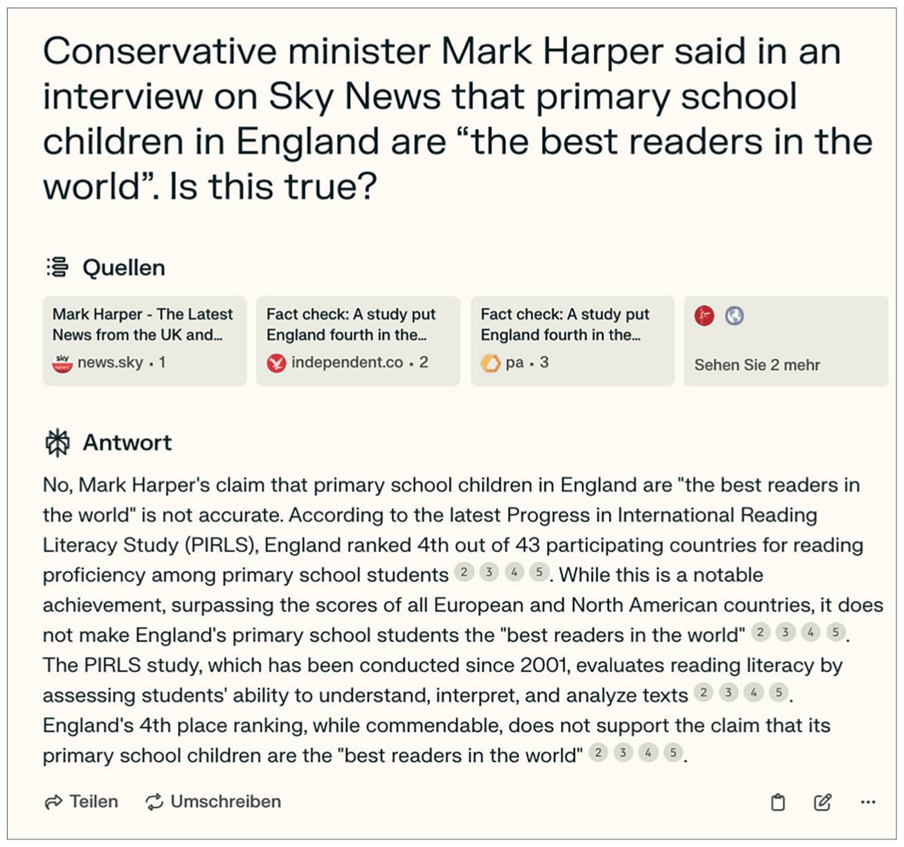 Note: Coded as ‘Provides an answer? (Yes)’, ‘Addresses claim directly / Provides a direct answer? (Partially)’, ‘Provides a correct answer? (Yes)’, ‘Provides sources? (Yes)’.