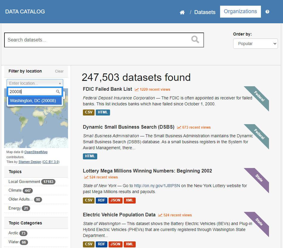 Data.gov catalog seach by location