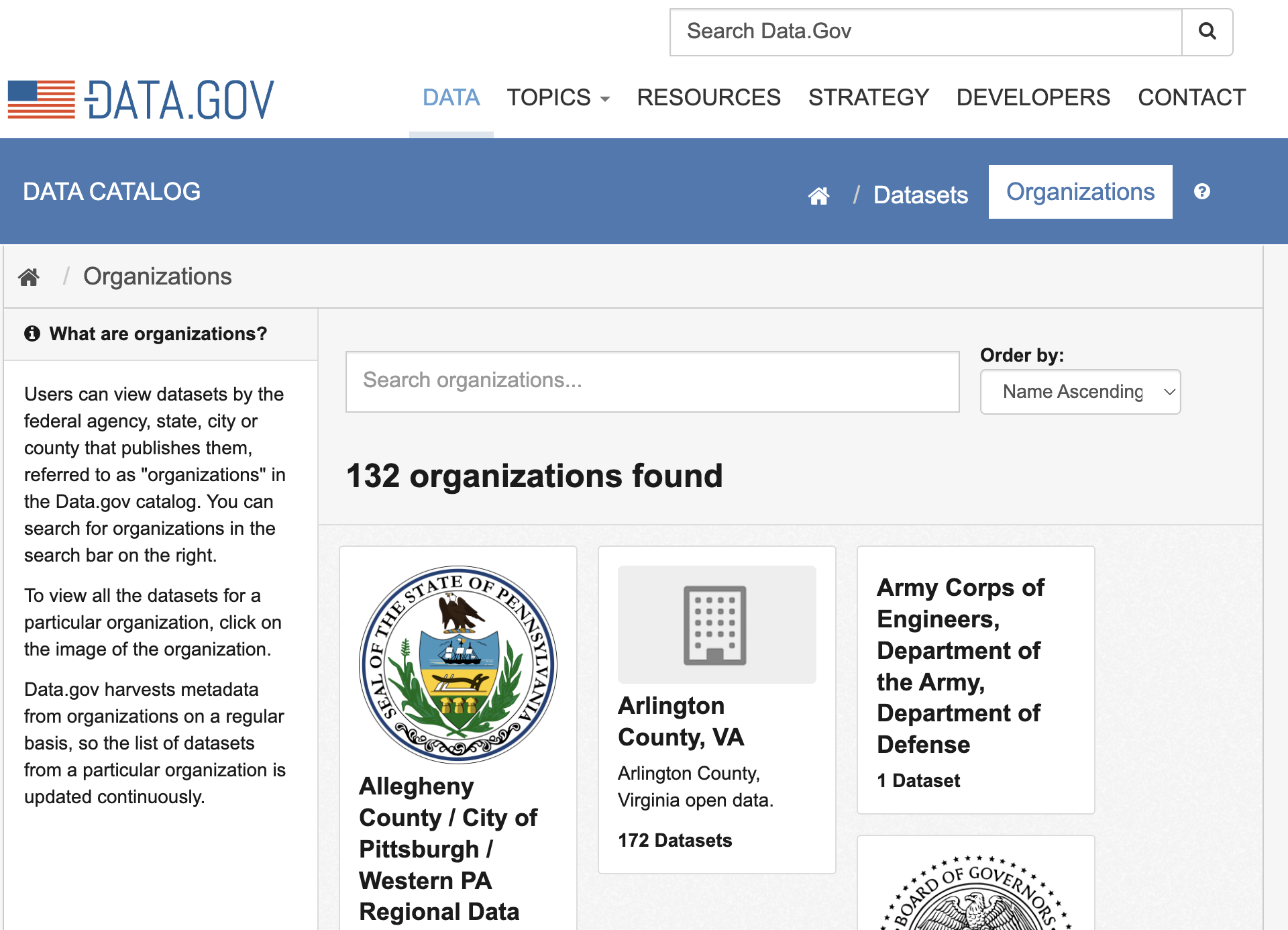 Data.gov catalog search by organization