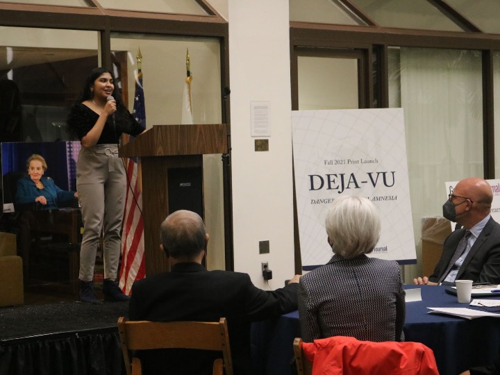 Varsha Mernon (SFS’21, G’22), editor-in-chief of the fall 2021 journal edition, speaking at the print launch.