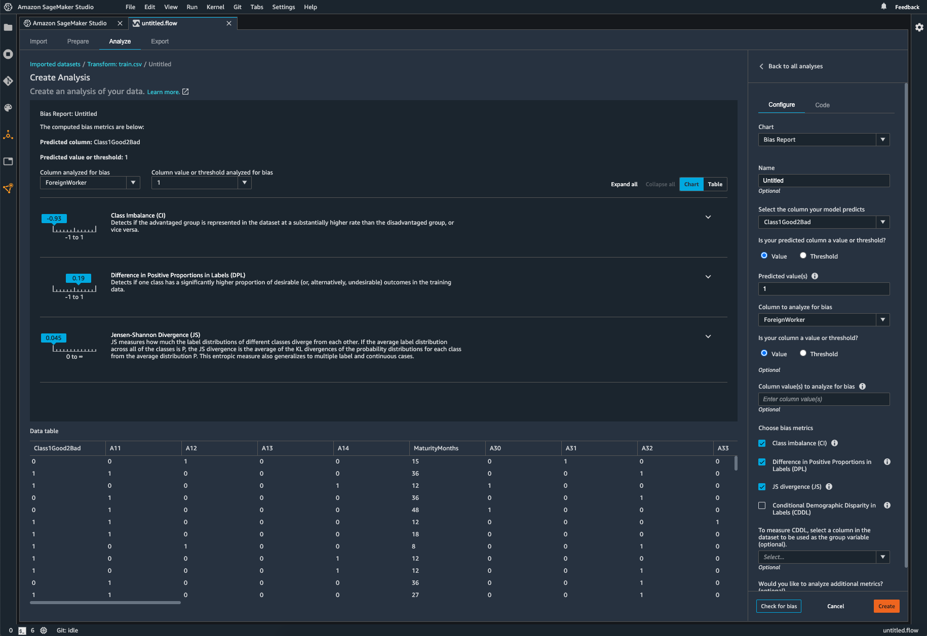 数据准备期间 SageMaker Data Wrangler 中的偏差指标屏幕截图